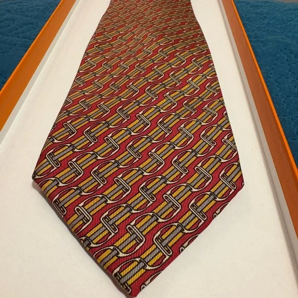 Hermes Red and Yellow Geometric Tie - Picture 7 of 16